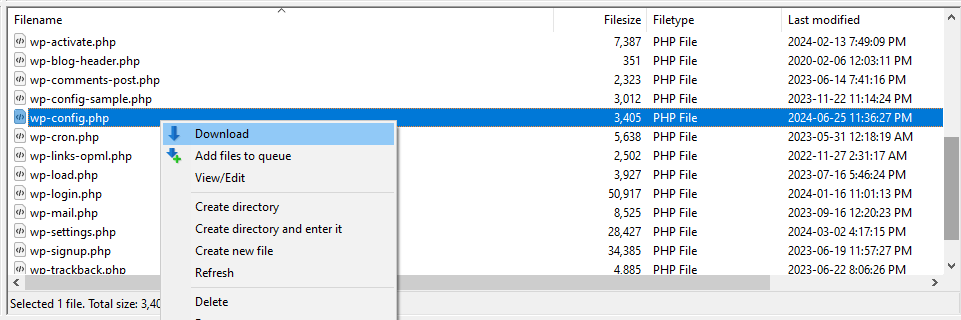 config file in the root folder WordPress